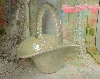 Lusterware Basket, Painted Metal Basket, Vintage White Easter Basket,  Big Pearly Basket with Handle, Large Pretty Decorative Basket Gift