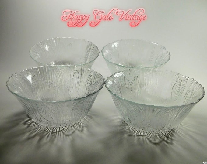 Glass Salad Bowls Set of Four, Vintage Embossed Glass Salad Bowls With