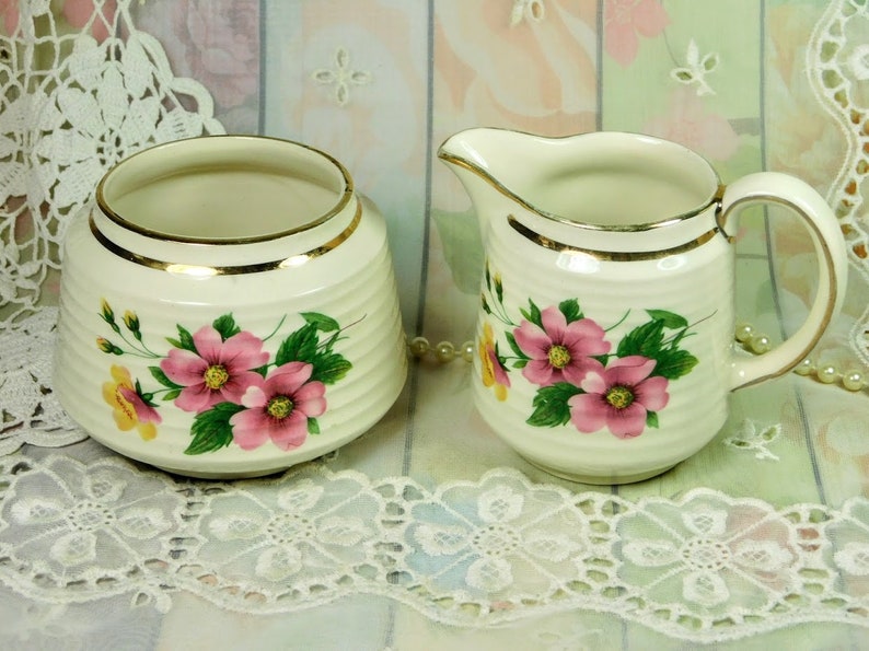 Sadler Creamer and Sugar Bowl Set With Pink Wild Roses Etsy