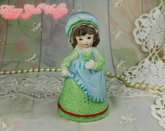Little Country Girl Figurine Bell in Ceramic, Vintage Bell in the Shape of a Little Girl With Apron and Cap, Ceramic Bell Collectible Gift