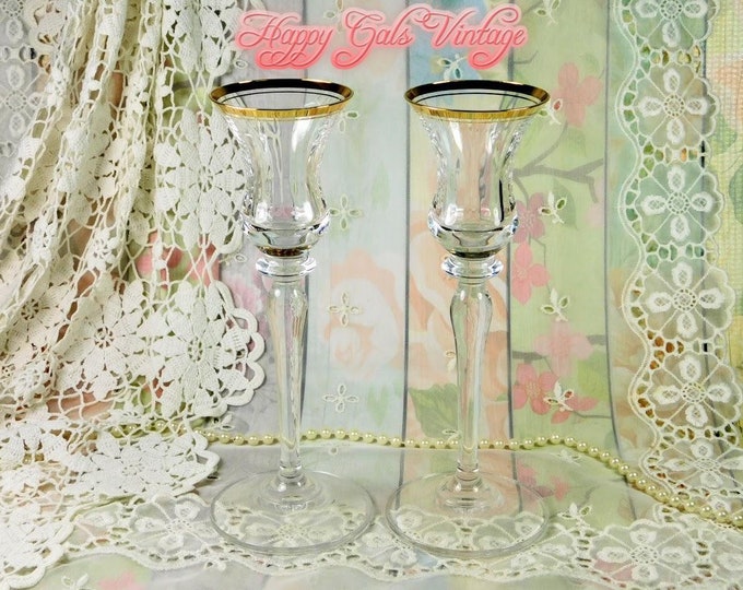 Crystal Candlestick Holders Set of Two, Vintage Clear Crystal Glass Candlestick Holders with Gold Detailing, Long Stem Crystal Candle Holder