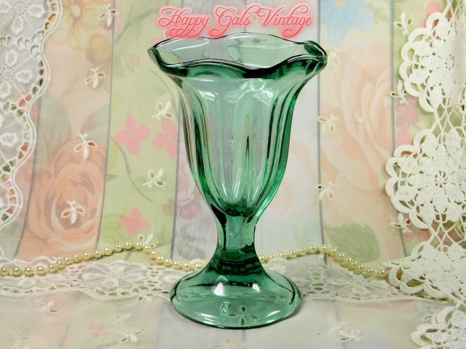 Teal Green Glass Cup Vintage Clear Glass Ice Cream Cup in Etsy