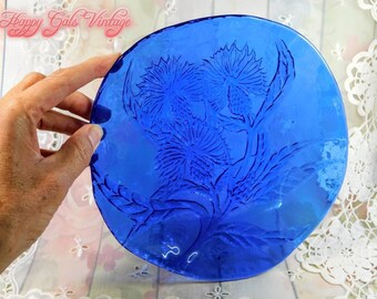 Blue Art Glass Dish With Thistle Flower Design, Vintage Royal Blue Molded Glass Plate, Beautiful Blue Glass Dish Hostess  Housewarming Gift