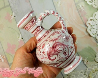 Little White Ceramic Pitcher With Hand Painted Red Designs, Cute Ceramic Jug- Like Pitcher with Rope Style Handle, Small White & Red Pitcher