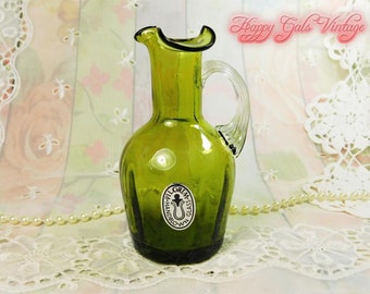 Green Blown Glass Pitcher By Pilgrim, Vintage Moss Green Art Glass Creamer Pitcher With Clear Handle, Collectible Green Mini Glass Pitcher