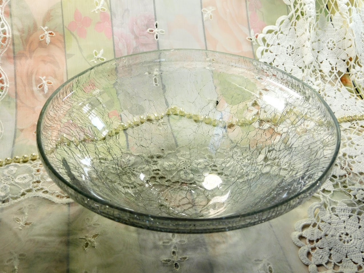 Crackle Glass Bowl, Vintage Clear Crackle Glass Salad Bowl, Clear