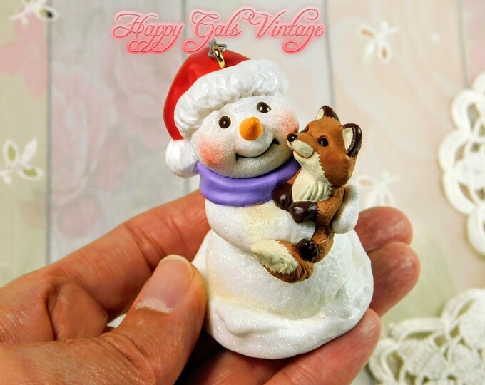 Snowman Ornament, Vintage Hallmark Snowman With Fox 1999, Little Snowman with Santa Hat and Pet Fox Figurine Ornament in Solid Resin Gift
