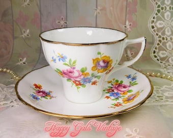 Corset Style Teacup with Roses, Vintage Jason Teacup & Matching Saucer, Vintage Bone China Teacup with Colorful Roses, Gift for Tea Drinker