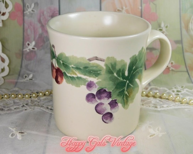 Stoneware Mug with Grapes Design by Jamberry, Vintage Stoneware Porcelain Mug with Purple Grapes and Cherries Design, Vintage Fruit Mug Gift