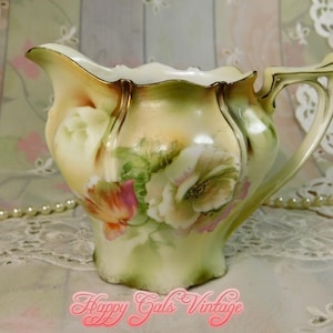 Antique Creamer Pitcher With Roses from Germany, Beautiful Antique Porcelain Creamer With Fancy Handle and Scalloped Rim, Fine Antique Gift