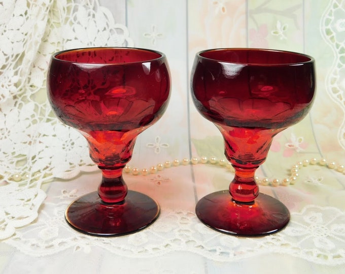 Red Liquor Glasses Set of Two, Ruby Red Glass Cognac Glasses Set of 2, Vintage Small Red Glass Wine Goblets, Red Glass Housewarming Gift