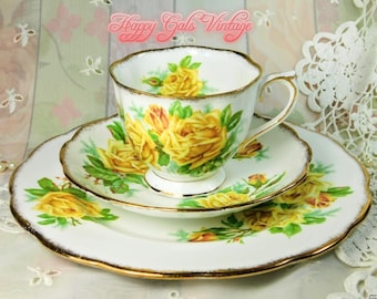 Royal Albert Tea Roses Teacup, Saucer and Snack Plate Trio Set, Vintage Yellow Tea Roses Fine Bone China Teacup Trio Set From England Gift