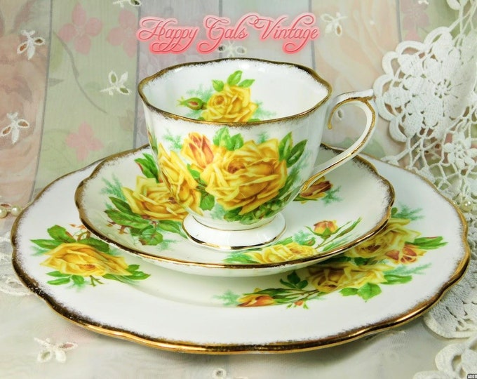 Royal Albert Tea Roses Teacup, Saucer and Snack Plate Trio Set, Vintage Yellow Tea Roses Fine Bone China Teacup Trio Set From England Gift