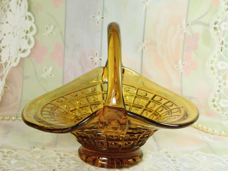 Vintage Glass Basket Amber Yellow Glass Basket Blown Glass Etsy