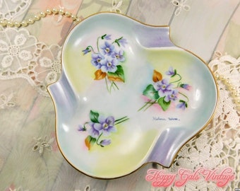 Vintage Hand Painted Ashtray or Spoon Rest Dish With Purple Violets by Helena Ware, Beautiful Ceramic Ashtray with Purple Violet Flowers