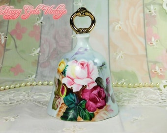 Porcelain Bell With Roses from The Danbury Mint, Hand Painted Roses Porcelain Bell, Pink Roses Vintage Porcelain Bell with Golden Handle