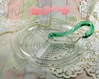 Round Glass Dish with Divided Sections and a Green Blown Glass Handle, Round Divided Clear Glass Party Dish With Green Handle, Cute Nut Dish