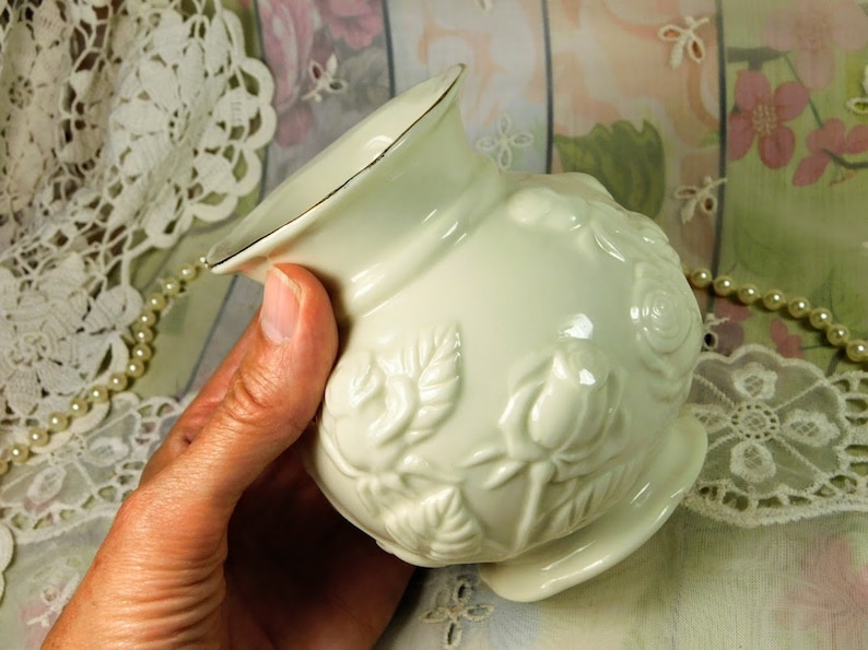 Round White Vase With Embossed Roses Design Small off White Etsy