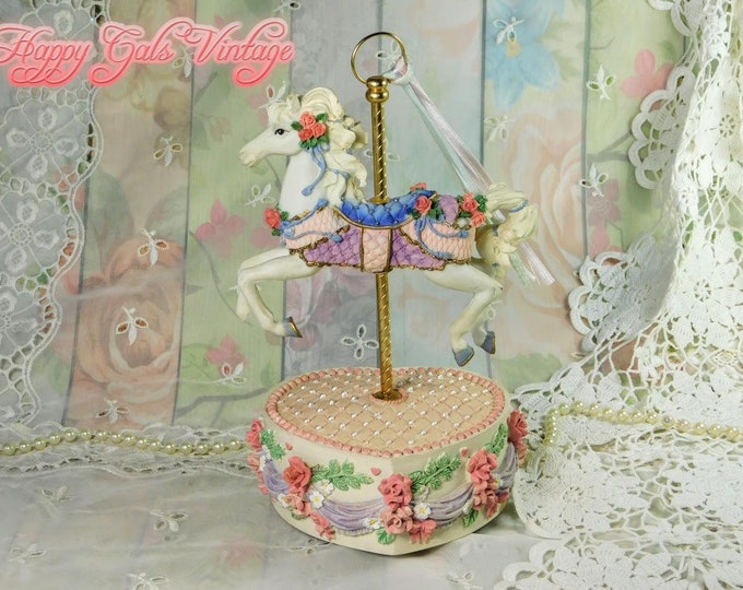 Carousel Horse Music Box, White Carousel Horse  With Pink Roses Wind Up Music Box, Vintage Resin Horse Music Box, Merry-Go-Round Horse Gift