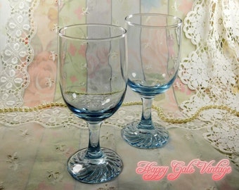 Blue Wine Glasses Set of Two, Vintage Clear Blue Glass Stemware Wine Goblets, Blue Glass Fancy Stemware Cups Party Glasses Hostess Gift