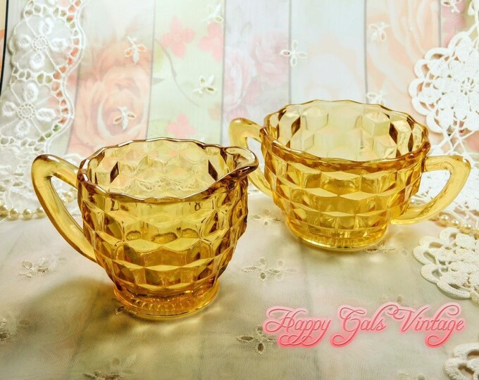 Vintage Yellow Glass Creamer and Sugar Bowl Set, Fancy Depression Glass Golden Yellow Creamer Pitcher and Sugar Bowl Set, Housewarming Gift
