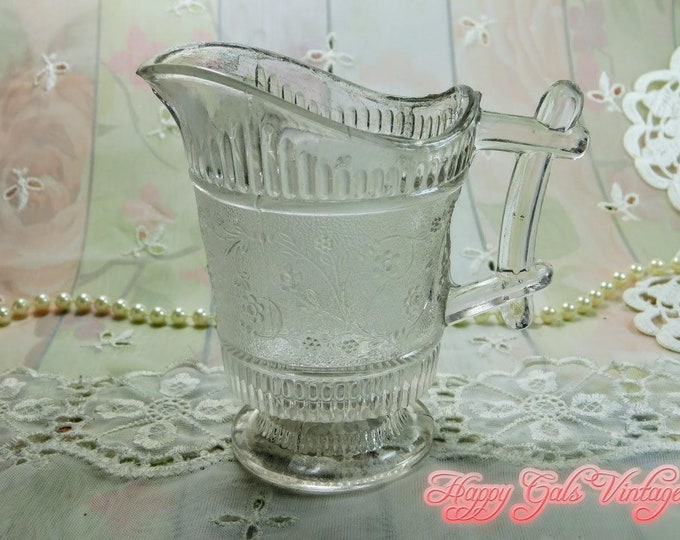 Clear Glass Creamer With Foot & Unique Handle, Vintage Clear Molded Glass Creamer Pitcher, Small Embossed Glass Creamer, Glass Creamer Gift