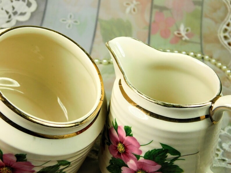 Sadler Creamer and Sugar Bowl Set With Pink Wild Roses Etsy