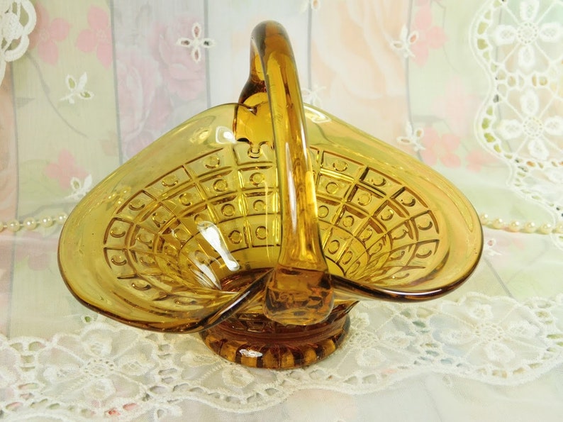Vintage Glass Basket Amber Yellow Glass Basket Blown Glass Etsy