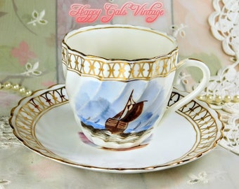 Antique Tea Cup and Saucer Circa Late 19th Century With Hand Painted Sailing Scene, Beautiful Antique Porcelain Teacup & Saucer from Italy