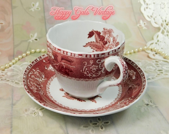 Red Tea Cup, Vintage Red and White Ceramic Teacup & Matching Saucer by Spode of England, Reproduction of Antique 1833 Pink Camilla Design