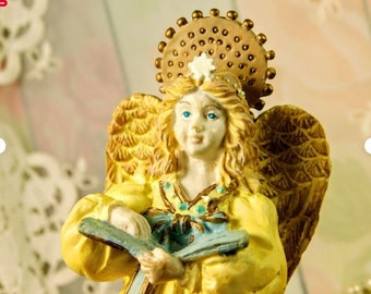 Small Angel in Yellow Figurine Sculpted Resin, Vintage Angel Holding Book, November Birthday Angel, Cute Little Yellow Angel Figurine Gift