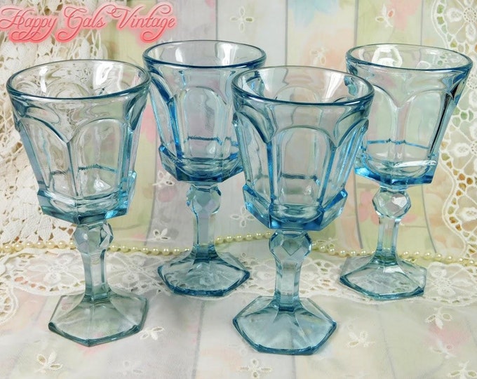 Blue Stemware Glasses Set of Four, Vintage Blue Glass Wine Goblets