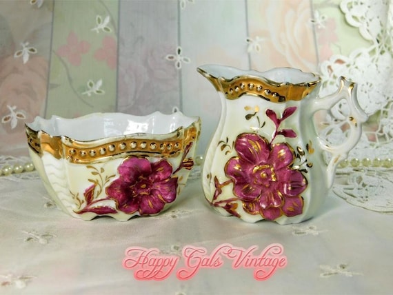 Antique Creamer and Sugar Blow Set With Pink Flowers and Gold