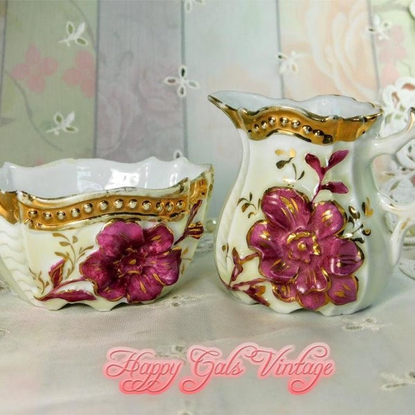 Antique Creamer and Sugar Blow Set With Pink Flowers and Gold Detailing Circa 1915, Fancy Antique Porcelain Cream and Sugar Bowl Set Gift