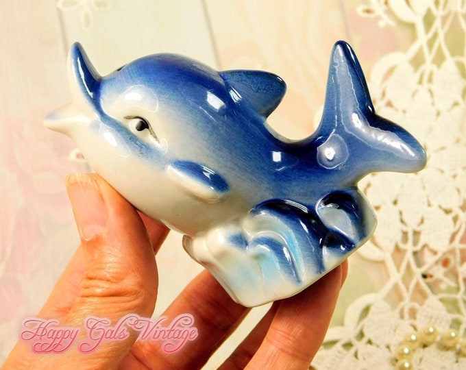 Dolphin Figurine Salt Shaker, Vintage Ceramic Baby Dolphin Figurine Salt Shaker, Small Ceramic Blue Dolphin Figurine Salt Shaker Collectible