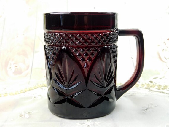 Ruby Red Glass Mug With Embossed Leaves Design Fancy Deep Red