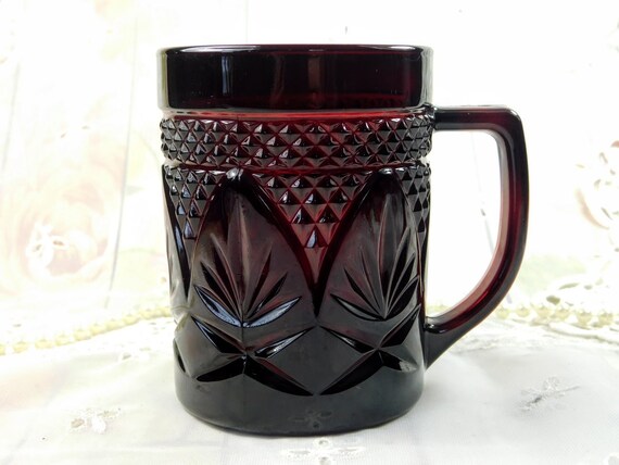 Ruby Red Glass Mug With Embossed Leaves Design, Fancy Deep Red