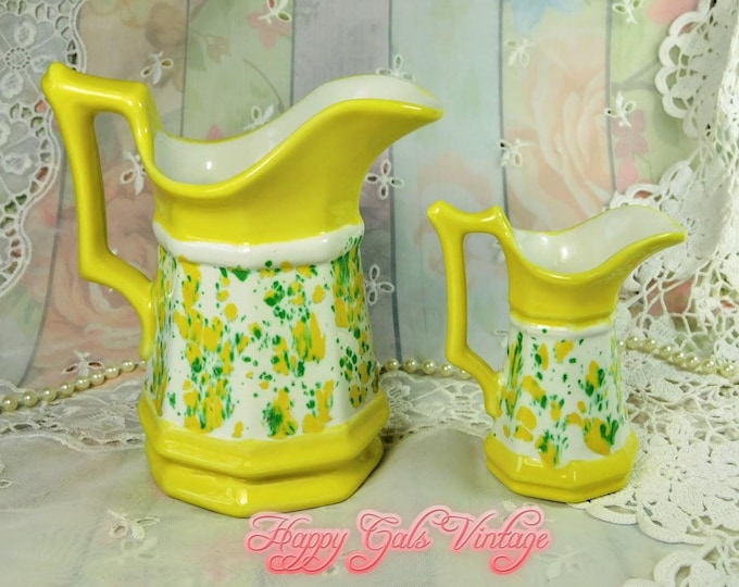Yellow Creamers Set of Two, Regular and Small White & Yellow Ceramic Creamers,  Yellow, White and Green Ceramic Creamers Set of 2, Fun Gift