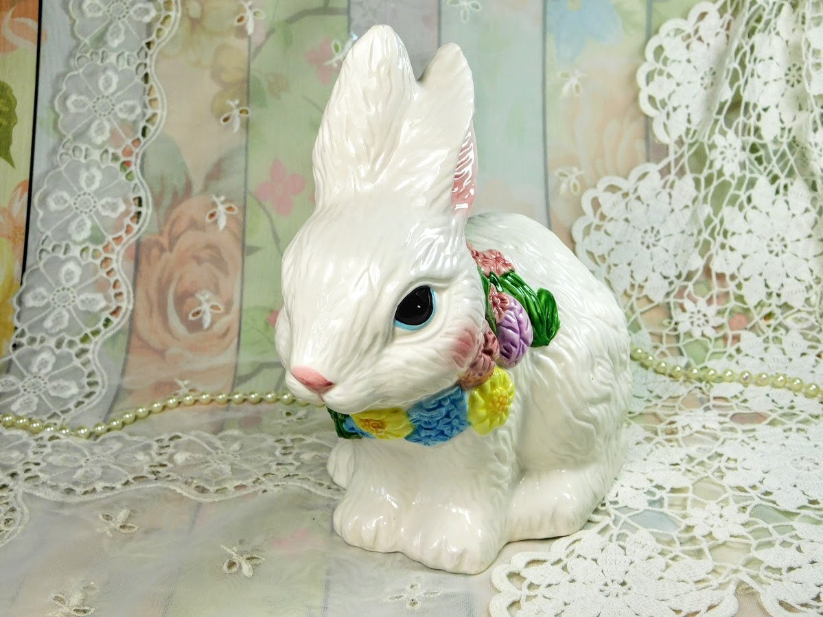 Large Easter Bunny Figurine, Vintage Porcelain Bunny Rabbit, White Rabbit  Figurine, Big Ceramic Bunny, Porcelain Rabbit with Flowers Gift