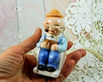 Grandpa in a Rocking Chair Figurine Salt Shaker, Cute Little Vintage Ceramic Grandfather Figurine Salt Shaker, Adorable Old Man Figurine