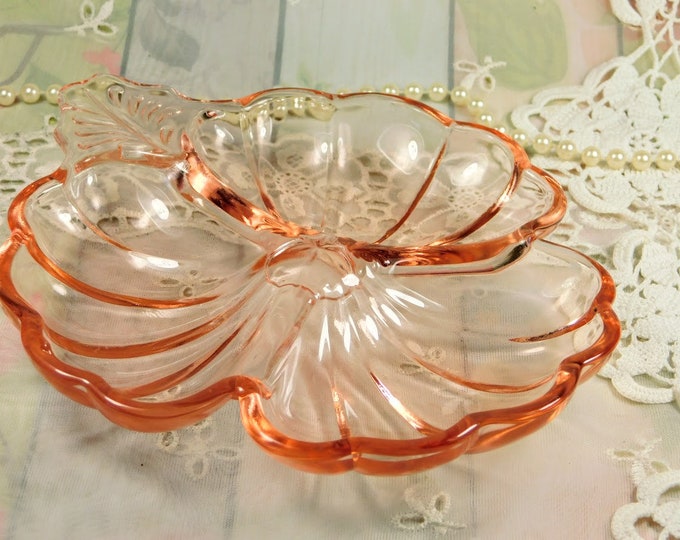 Pink Depression Glass Bowl With Three Sections, Vintage Pink Glass Flower Bowl With Scalloped Edge, Pretty Pink Pansy Flower Glass Bowl Gift