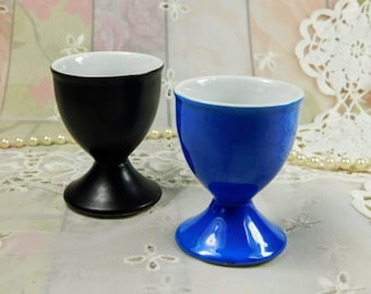 Sake Cups Set of Two in Blue and Black, Vintage Ceramic Japanese Sake Cups Set of 2 in Royal Blue and Black With White Interiors Cute Gift