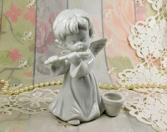 Angel Figurine 1/2" Candlestick Holder, Porcelain Angel Candlestick Holder, Little White Porcelain Angel With Flute Figurine Candle Holder
