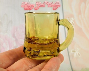 Little Mini Yellow Glass Mug, Very Small Glass Mug in Yellow, Small Pressed Glass Barrel Beer Mug, Glass Mug for Dolls, Tiny Yellow Mug Gift