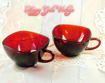 Red Teacups Set of 2, Vintage Red Glass Tea Cups Set of Two, Ruby Red Retor Style Glass Teacups with Square Rims, Pretty Red Teacups Gift