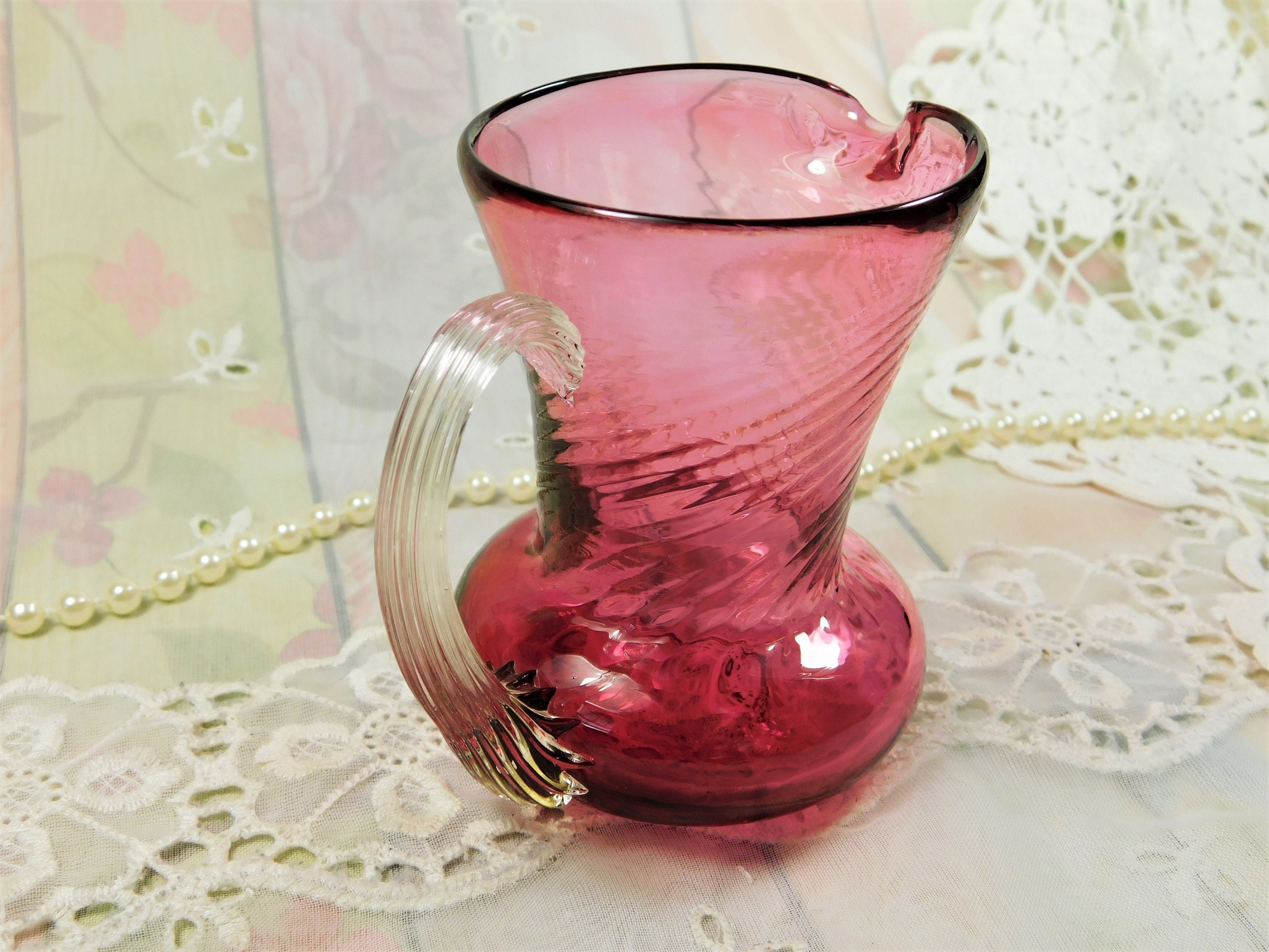 Pink Swirled Glass Pitcher, Small Pink Blown Glass Pitcher With Clear  Handle, Vintage Hand Made Fine Art Glass Creamer Pitcher Best Gift