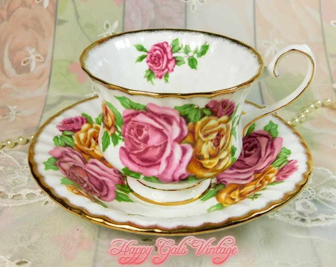 Tea Roses Teacup & Matching Saucer by Grosvenor Bone China, Vintage Jackson Gosling Pink and Yellow Roses Porcelain Teacup With Gold Gift