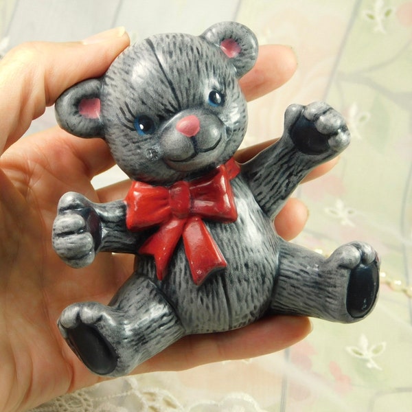 Porcelain Teddy Bear, Ceramic Teddy Bear, Vintage Grey Porcelain Teddy Bear Figurine, Gray Teddy Bear Figurine with Red Bow Collectible Bear