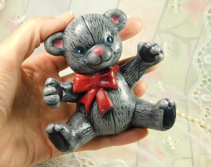 Porcelain Teddy Bear, Ceramic Teddy Bear, Vintage Grey Porcelain Teddy Bear Figurine, Gray Teddy Bear Figurine with Red Bow Collectible Bear