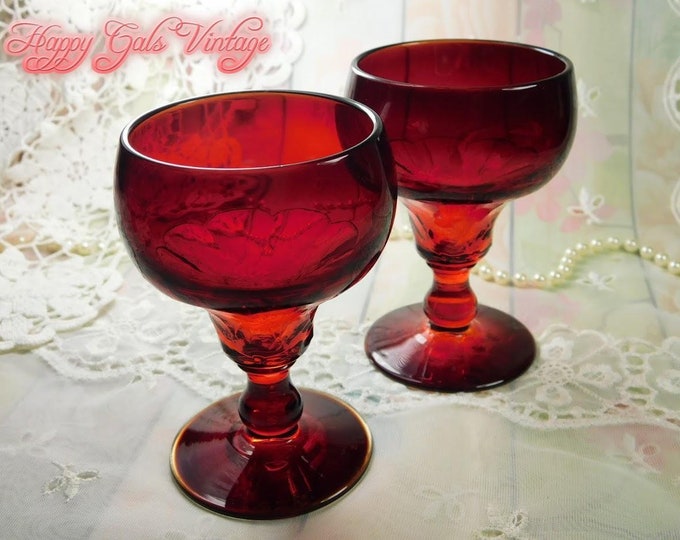 Red Liquor Glasses Set of Two, Ruby Red Glass Cognac Glasses Set of 2, Vintage Small Red Glass Wine Goblets, Red Glass Housewarming Gift
